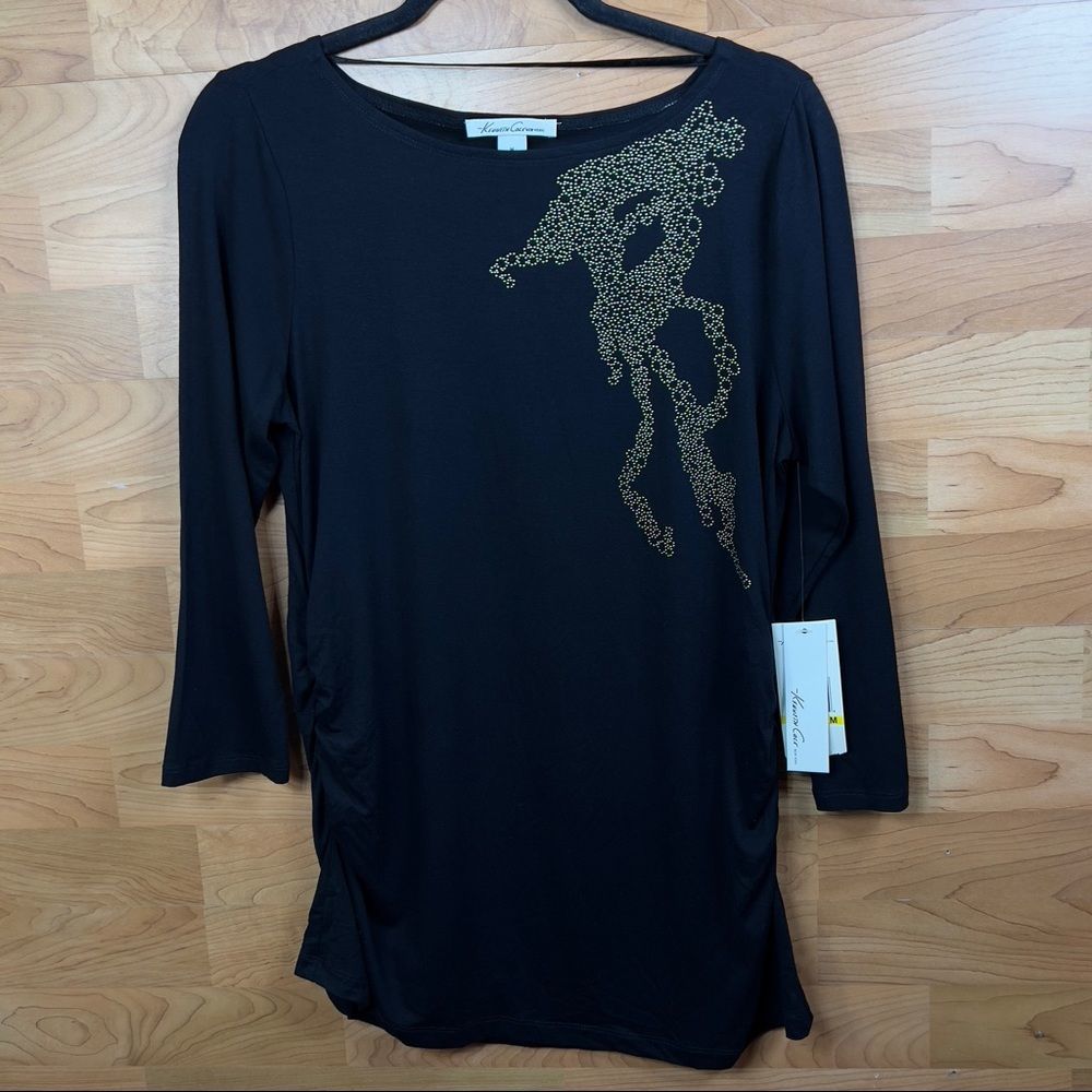 Kenneth Cole Medium Top W/3/4 Sleeves, Ruched Sleeves and Gold Design